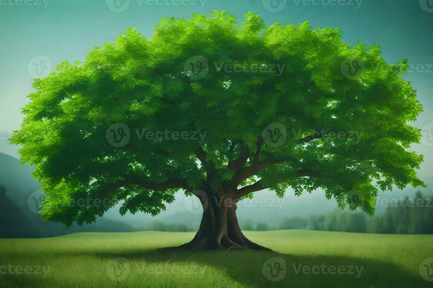 un grande árbol en un verde campo. generado por ai foto