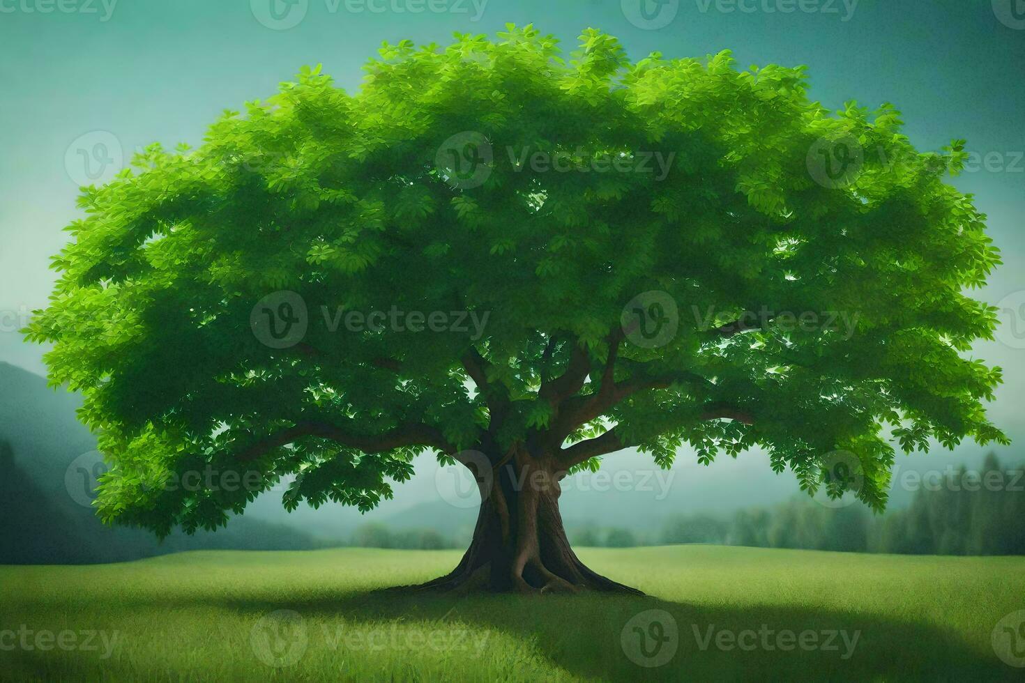 a large tree in a green field. AI-Generated photo