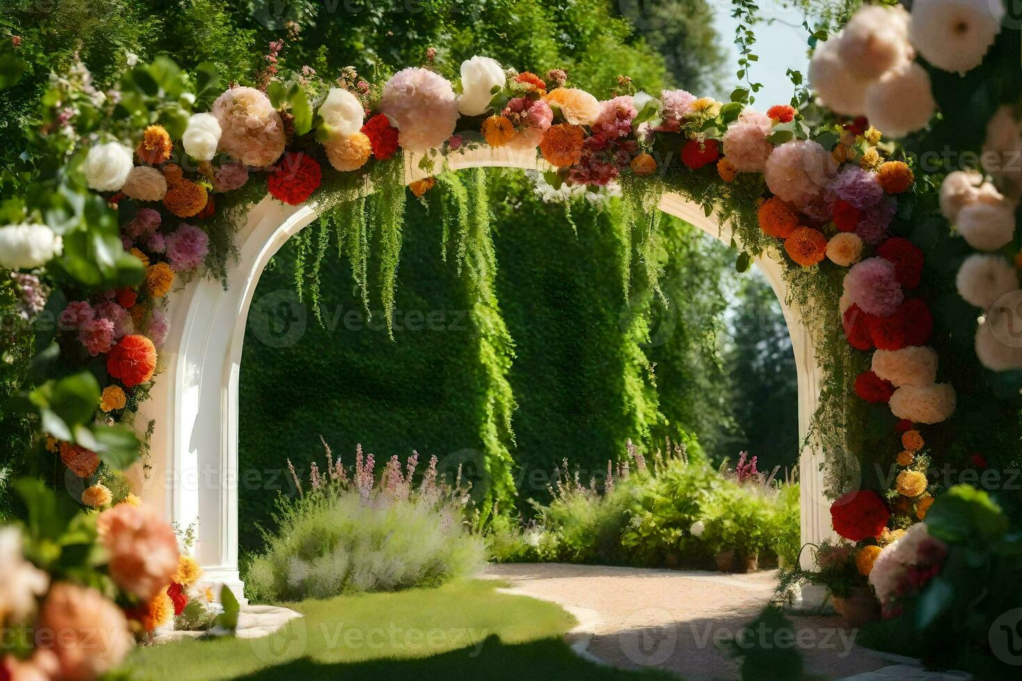 an archway with flowers and greenery. AI-Generated photo