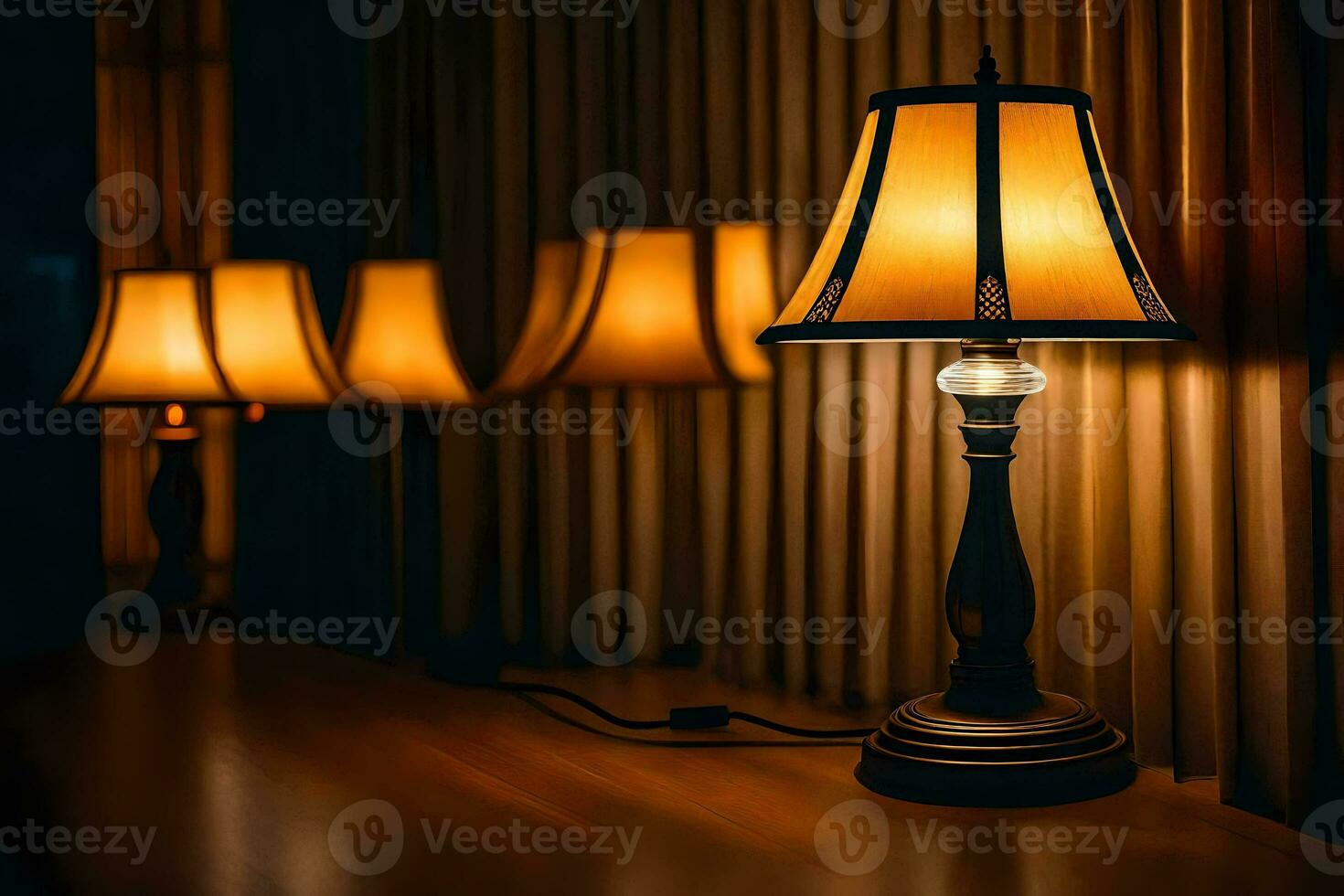 a lamp is lit in the dark with curtains. AI-Generated photo