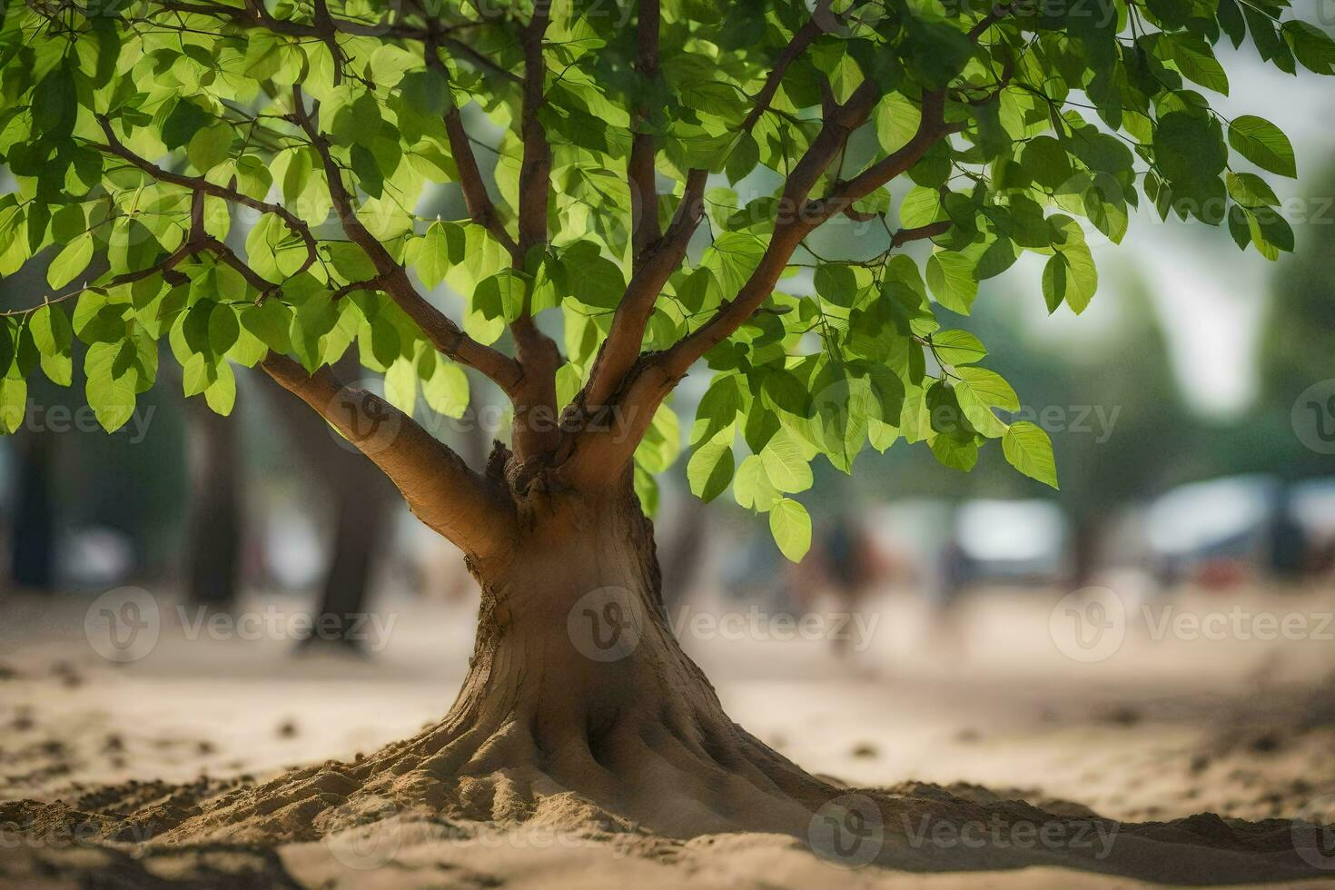 un árbol con hojas creciente fuera de el arena. generado por ai foto