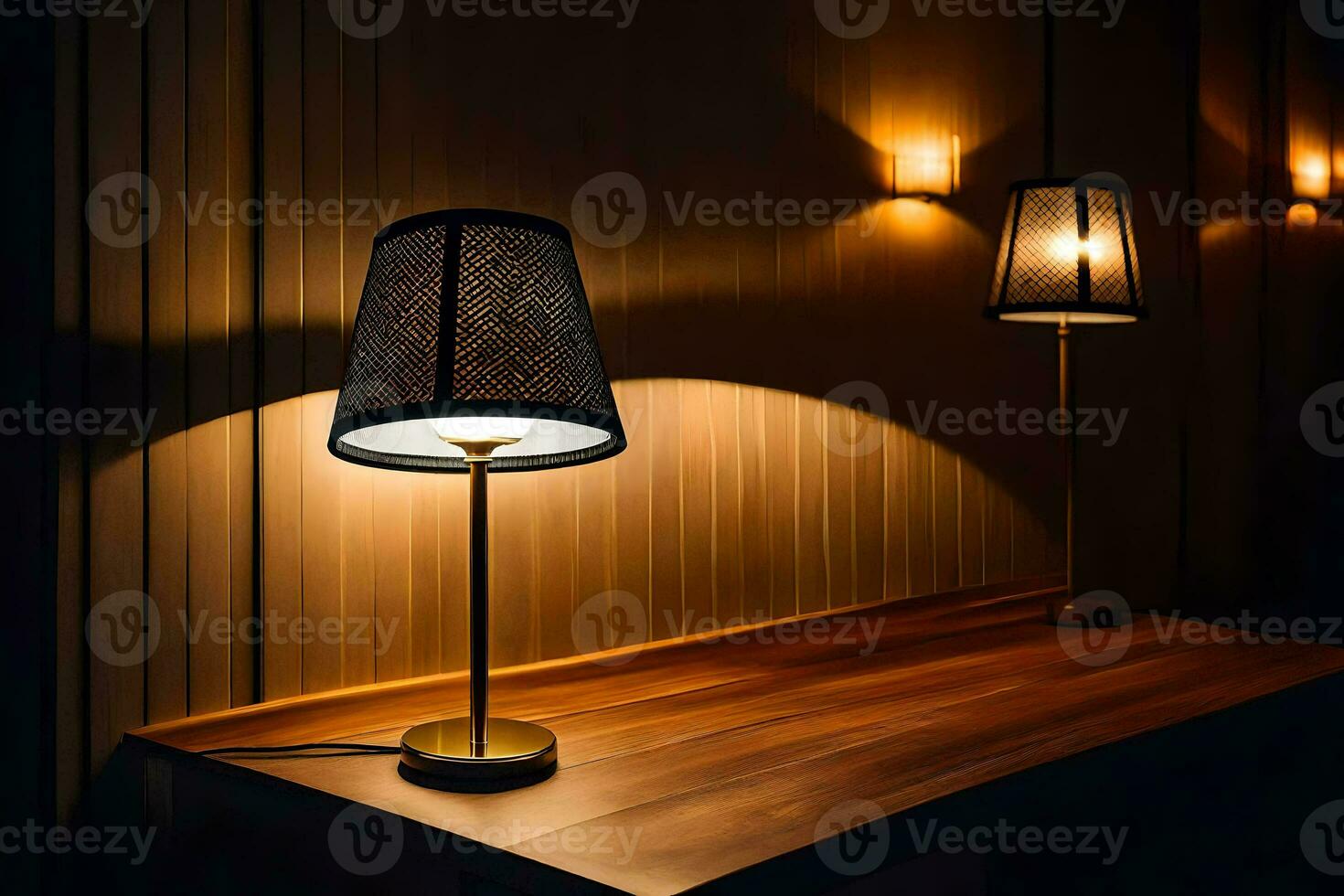 two lamps on a wooden table in the dark. AI-Generated photo