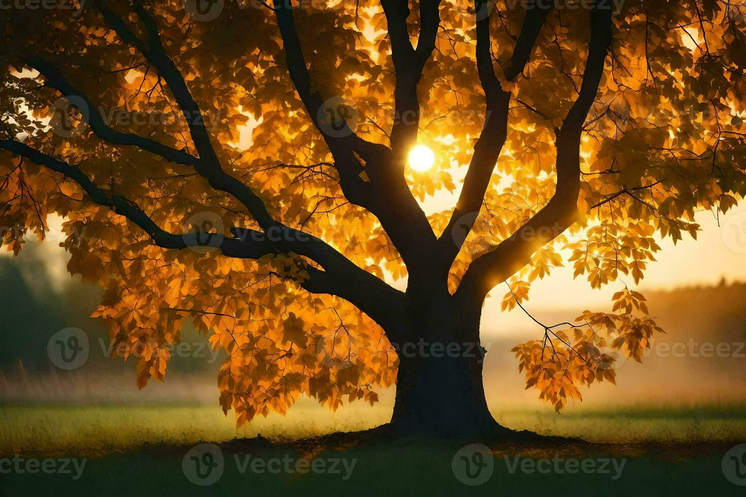 the sun shines through the leaves of a tree. AI-Generated photo