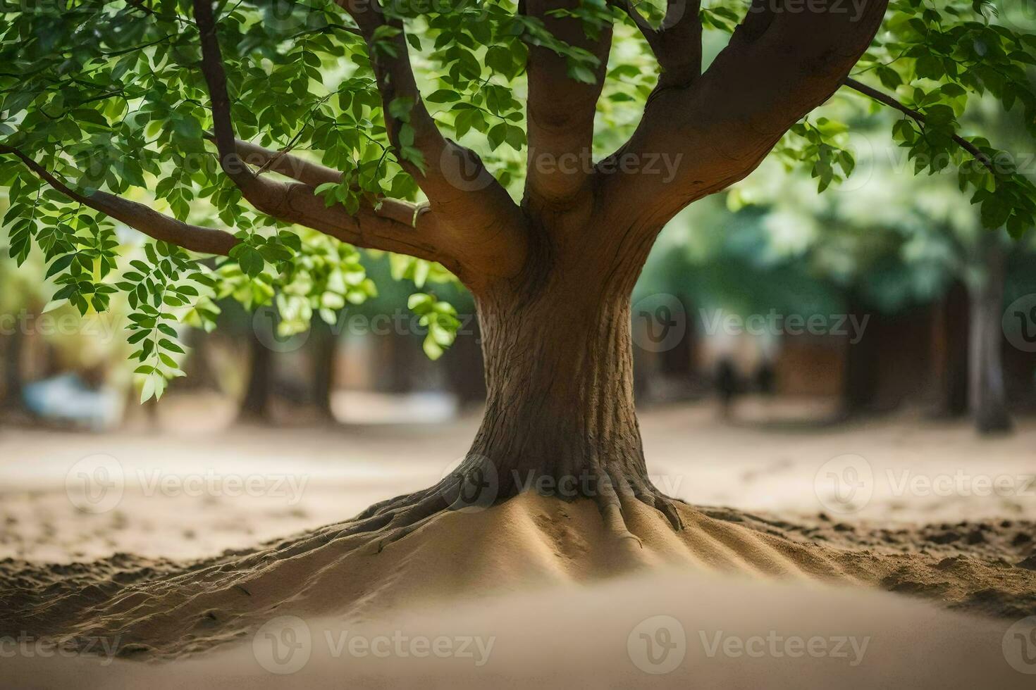 a tree with roots in the sand. AI-Generated photo