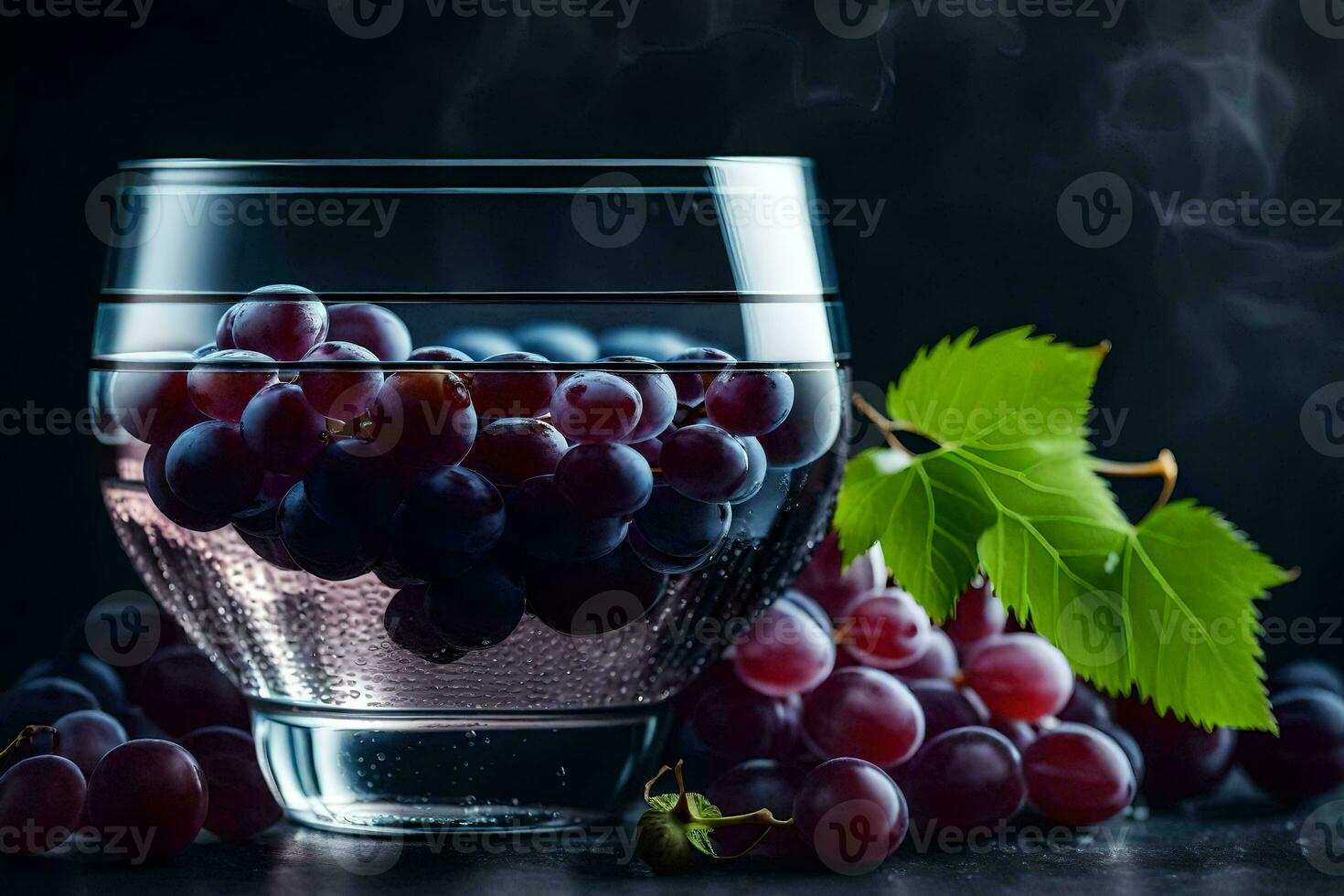 grapes in a glass of water on a dark background. AI-Generated photo