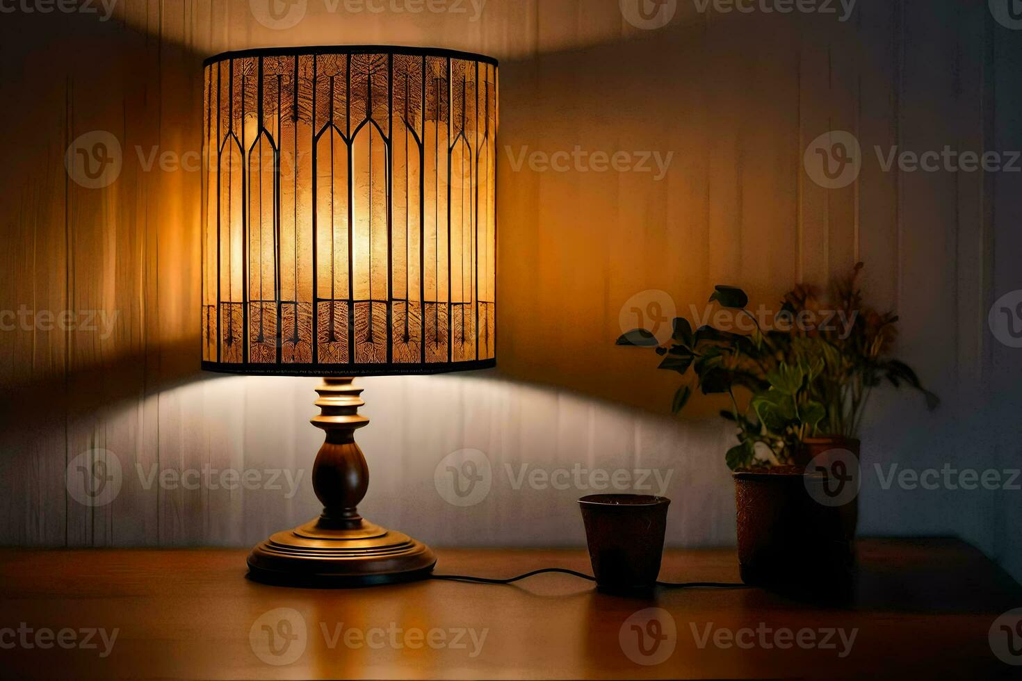 a lamp with a wooden base and a shade. AI-Generated photo