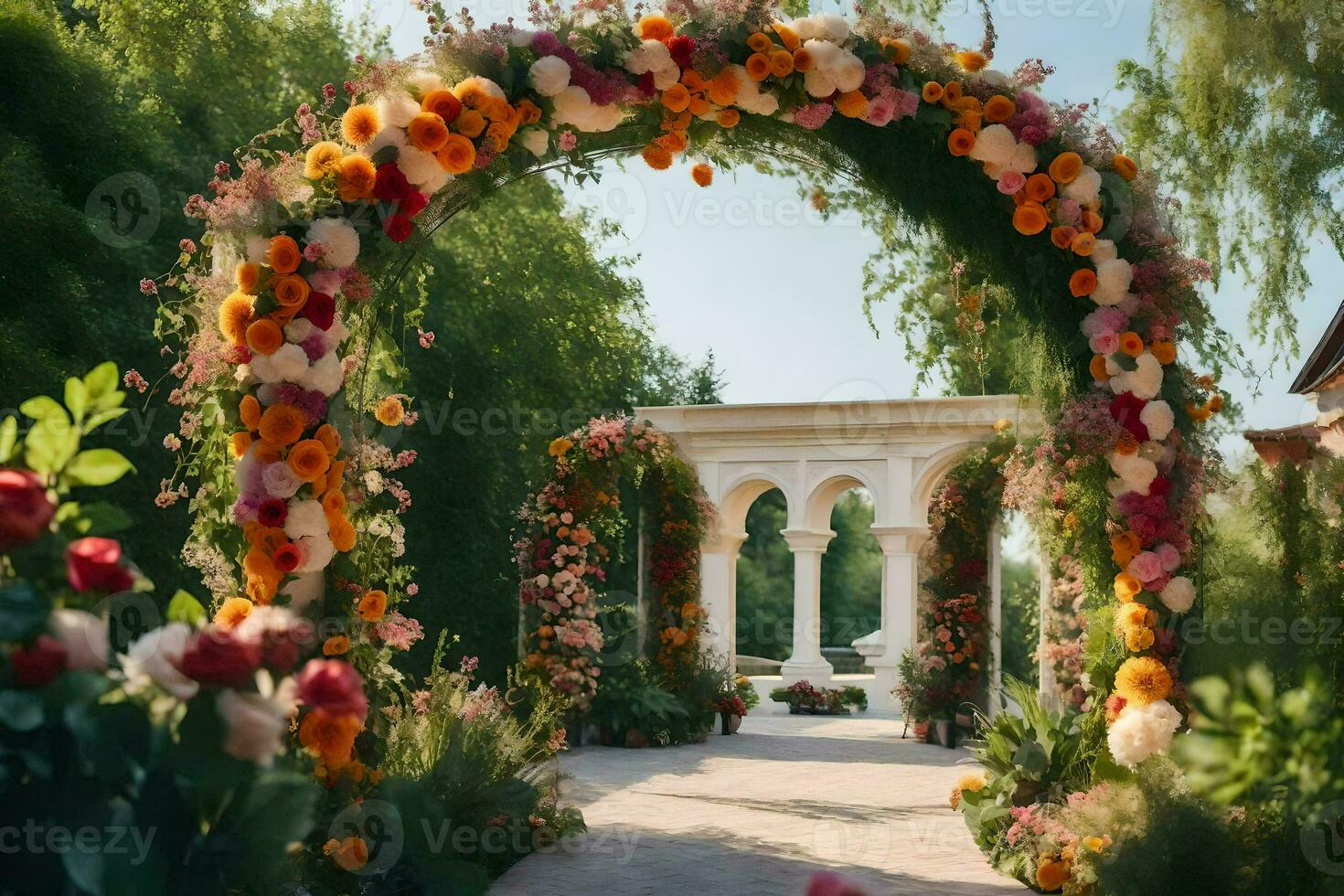 an archway with flowers and greenery. AI-Generated photo