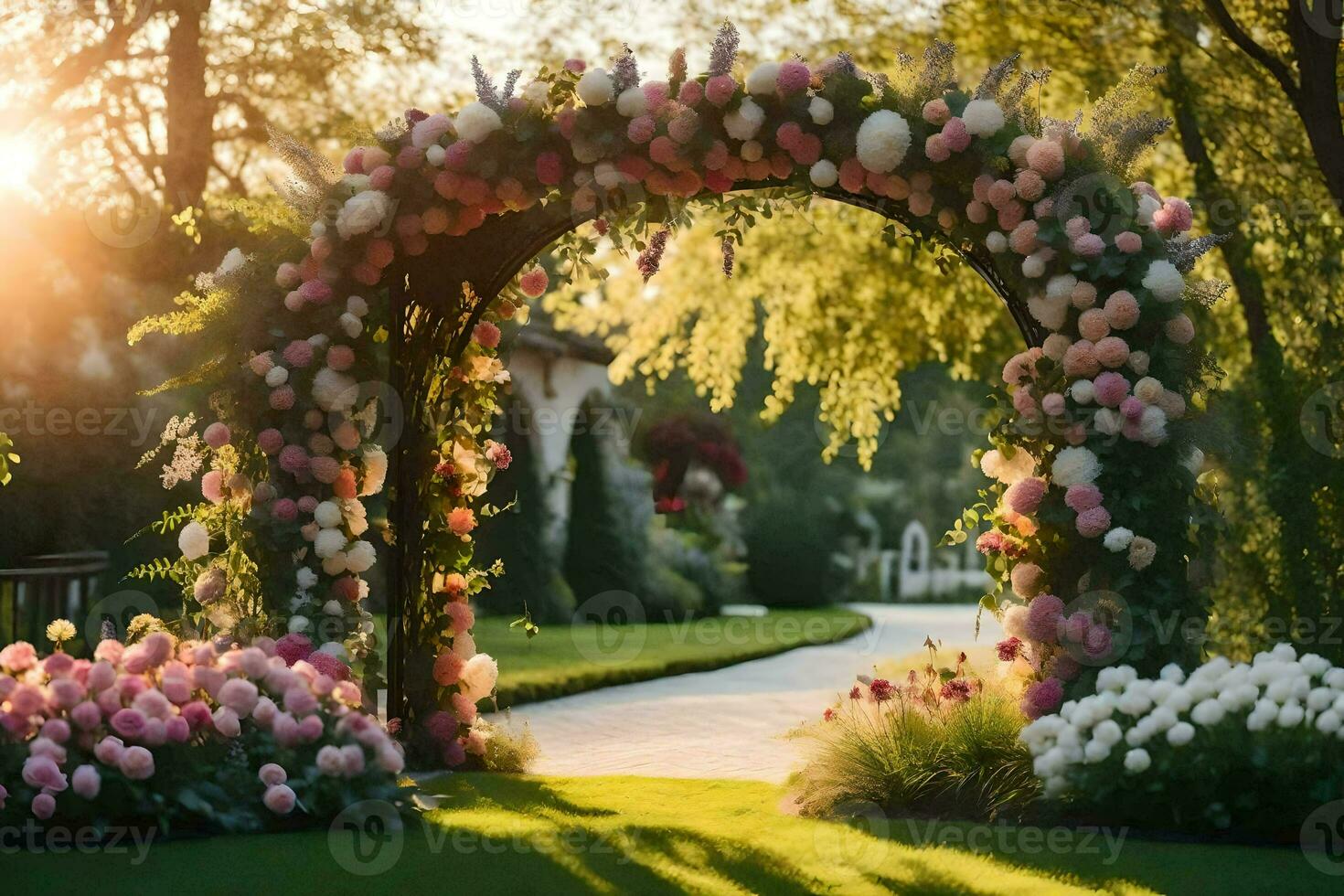 an archway with flowers and grass. AI-Generated photo