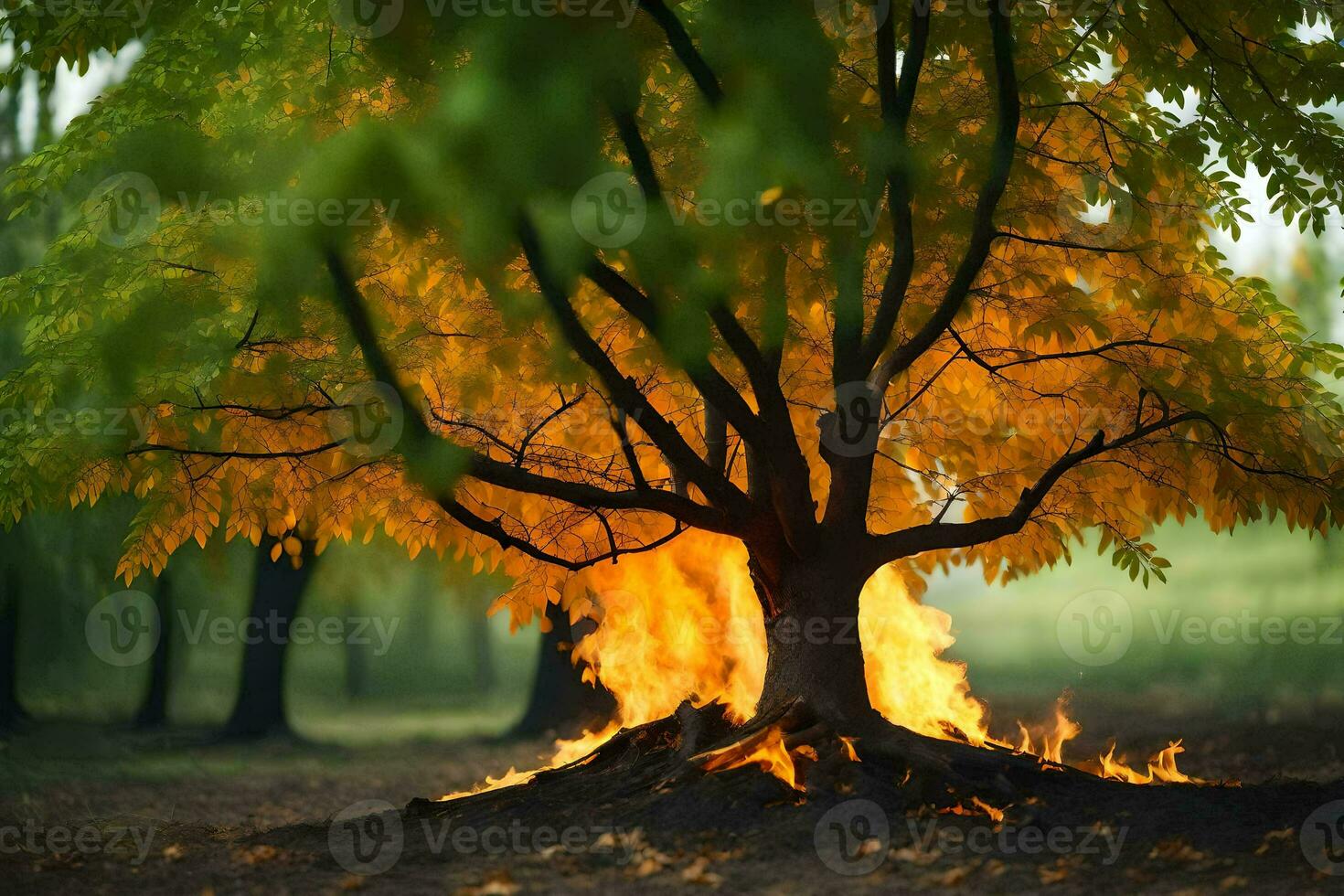 a tree with flames coming out of it in the middle of the forest. AI-Generated photo