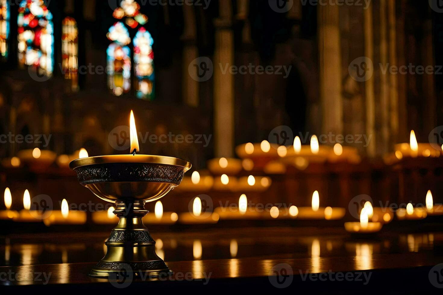 a candle is lit in front of a church. AI-Generated photo