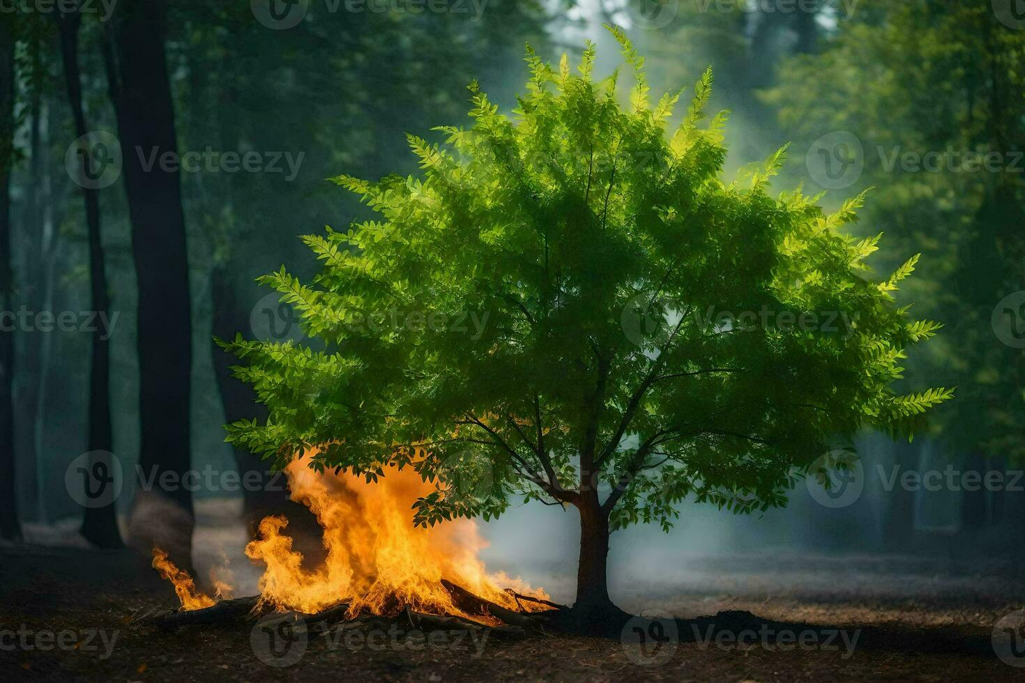 a tree is burning in the middle of a forest. AI-Generated photo