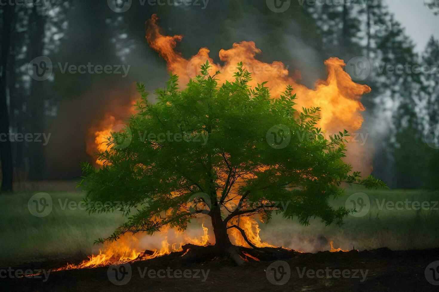 un árbol es ardiente en el medio de un campo. generado por ai foto