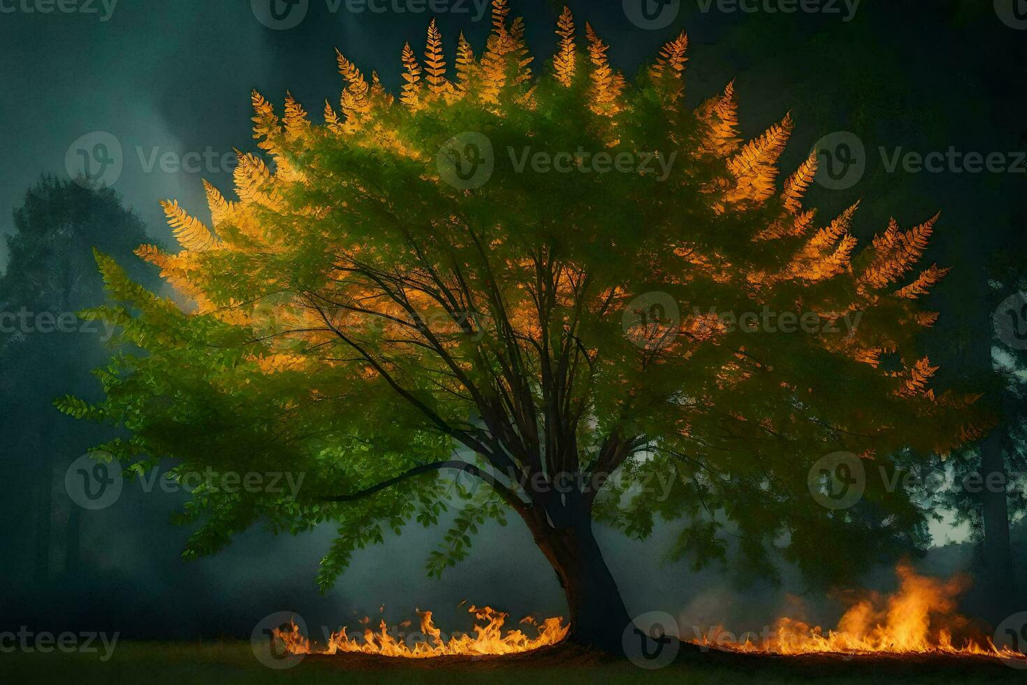 a tree with flames and smoke in the background. AI-Generated photo