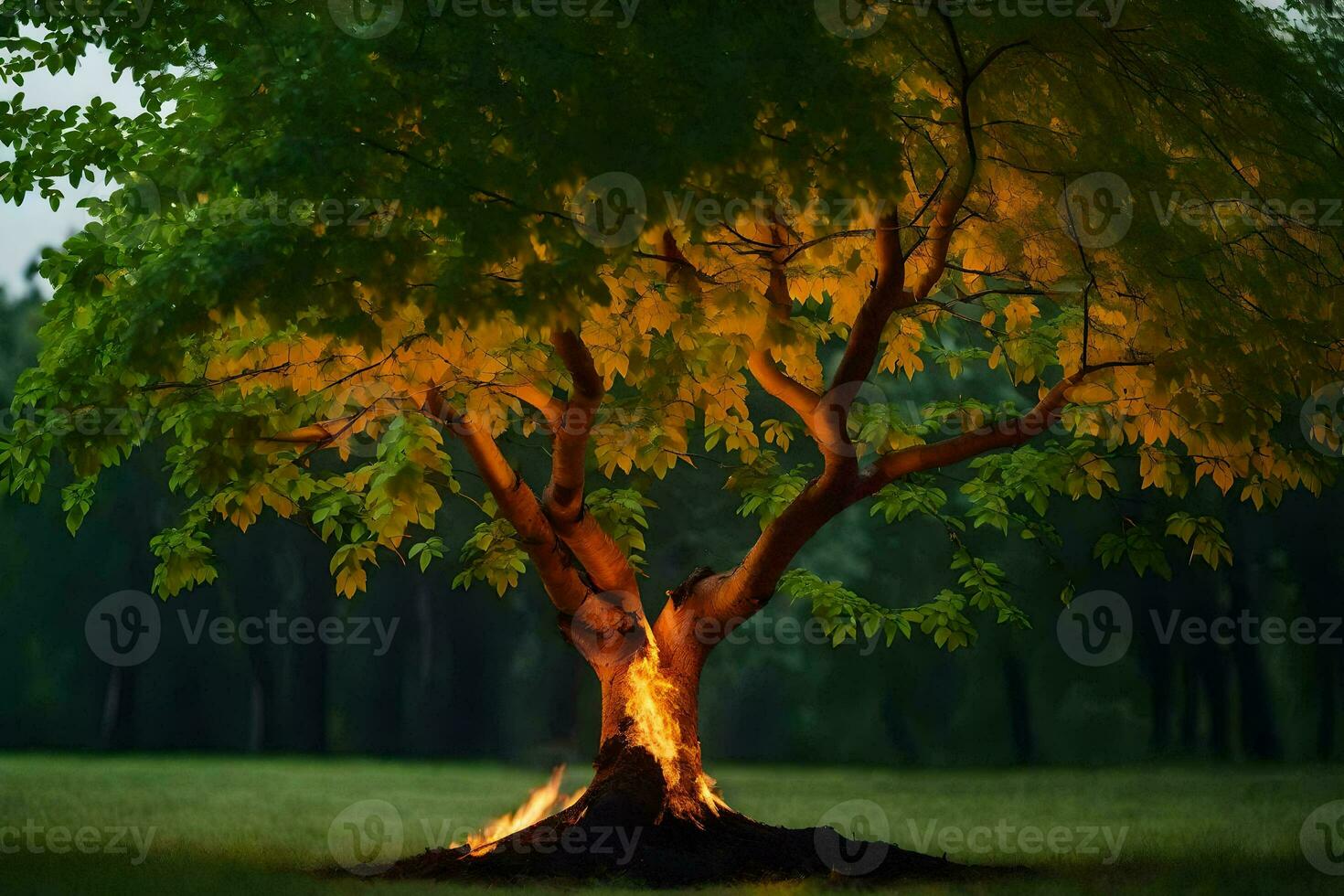 a tree with flames coming out of it in the middle of a field. AI-Generated photo