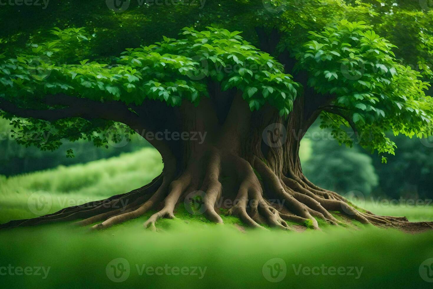 a large tree with roots in the middle of a field. AI-Generated photo