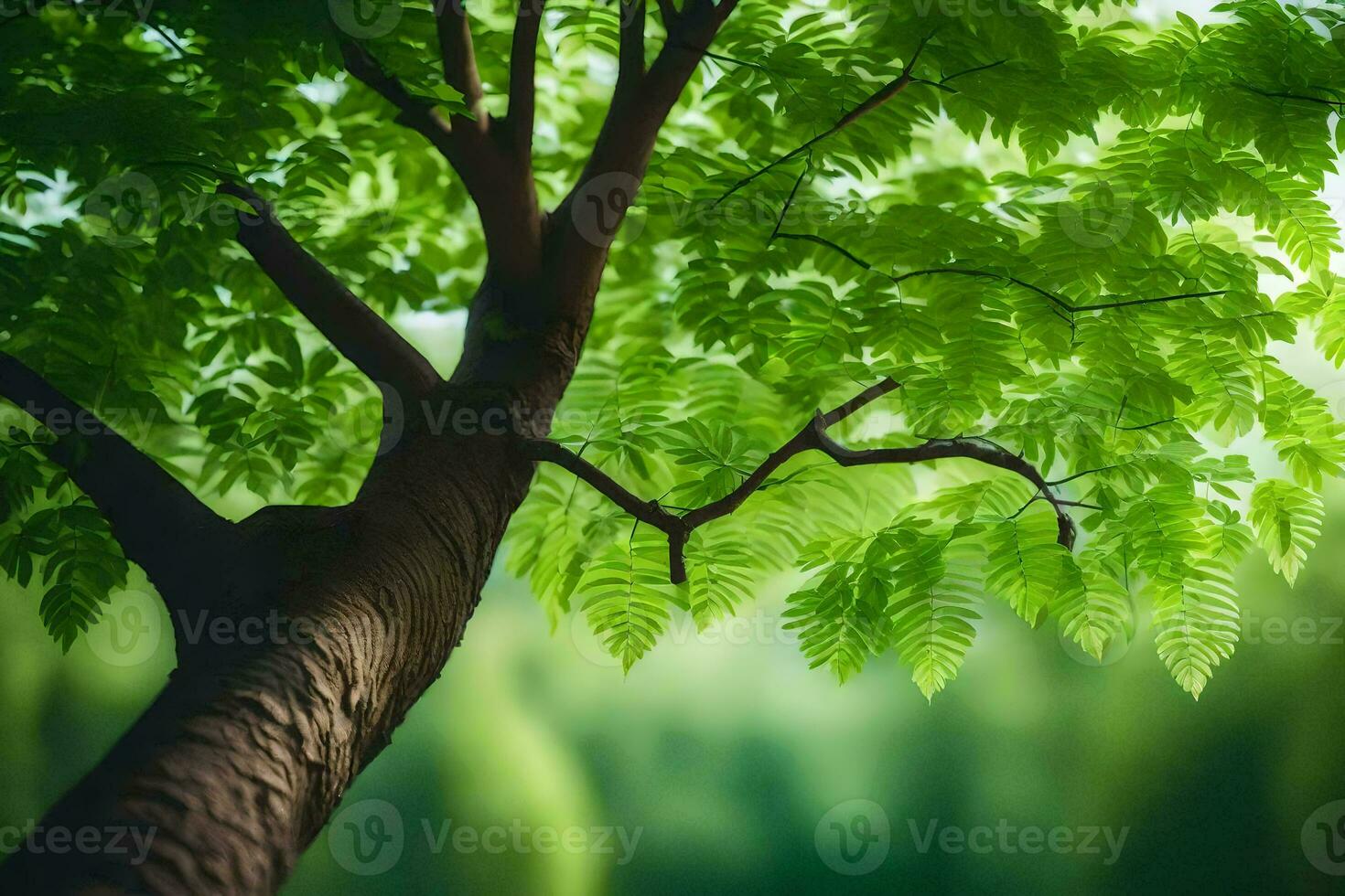 a tree with green leaves in front of a green background. AI-Generated photo