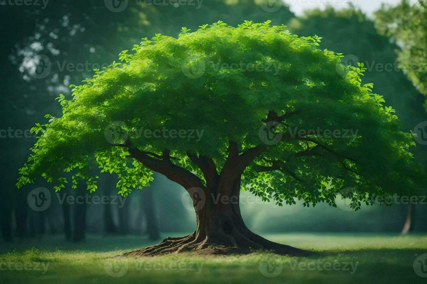 a tree in the middle of a green field. AI-Generated photo