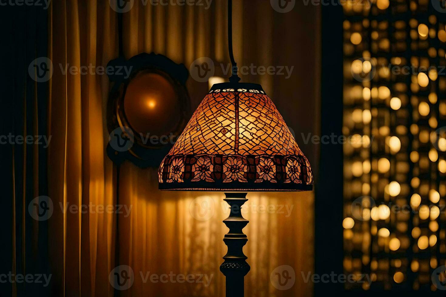 a lamp is lit in a room with a curtain. AI-Generated photo