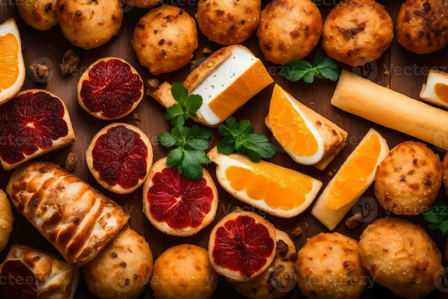 an assortment of cheese, oranges and bread. AI-Generated photo