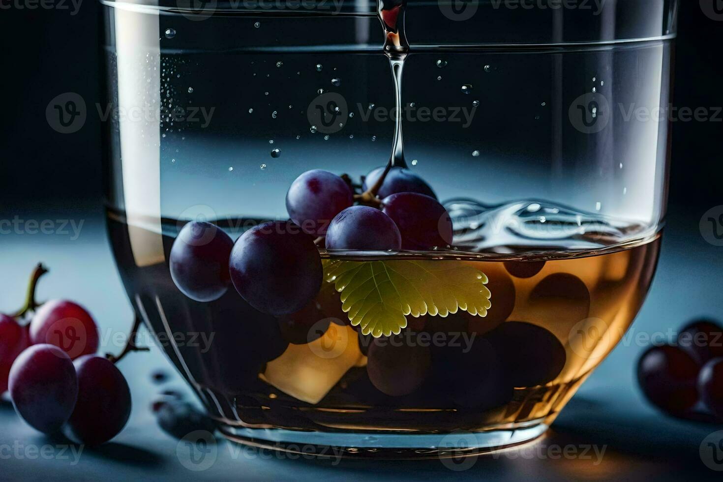 a glass of wine with grapes and leaves. AI-Generated photo