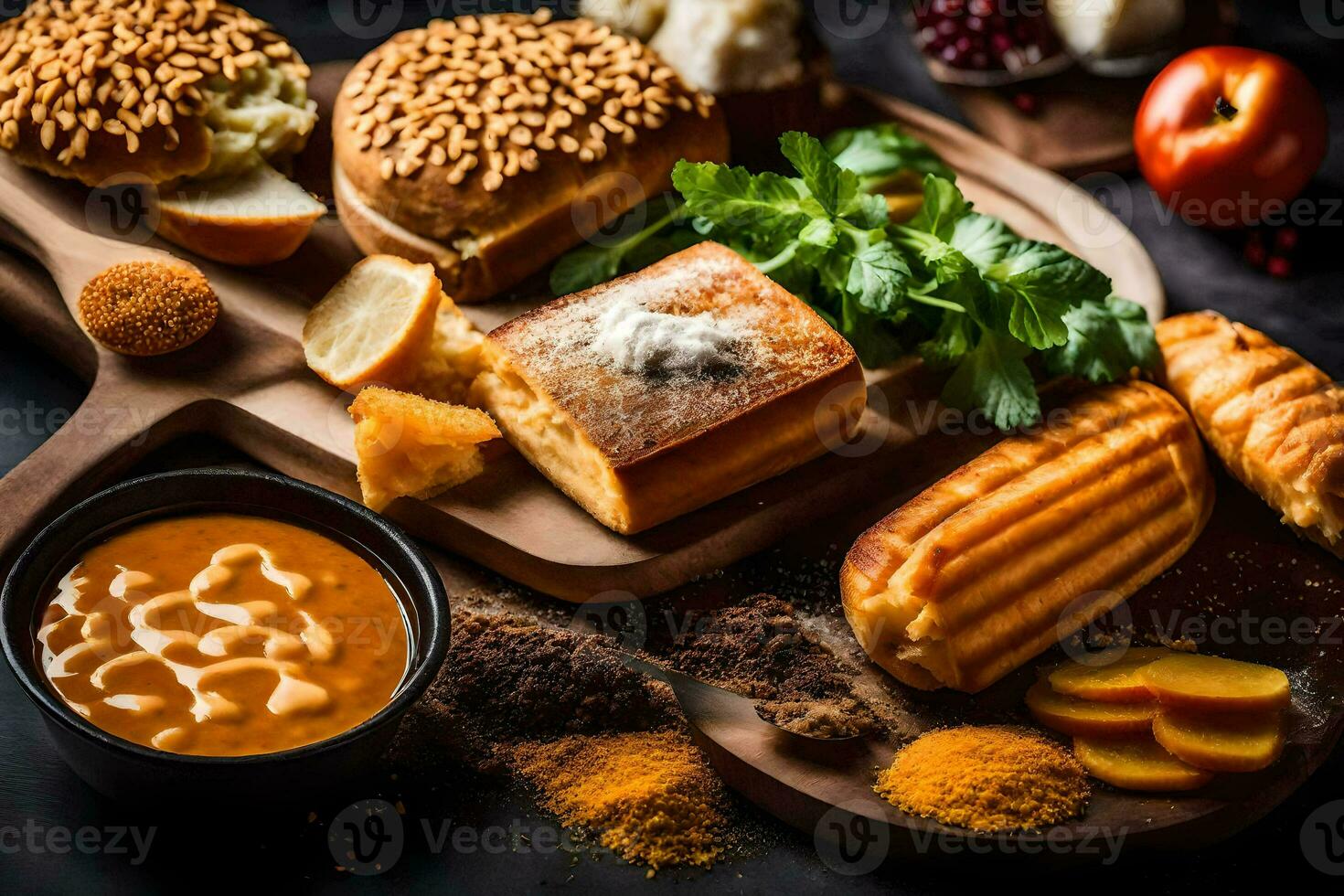 un variedad de comida en un de madera tablero. generado por ai foto