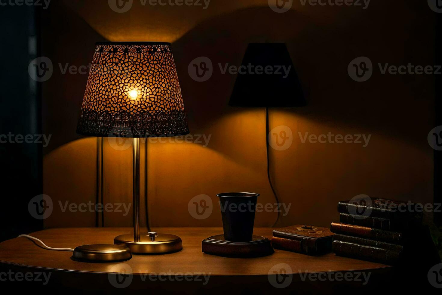 a lamp on a table with books and a lamp. AI-Generated photo