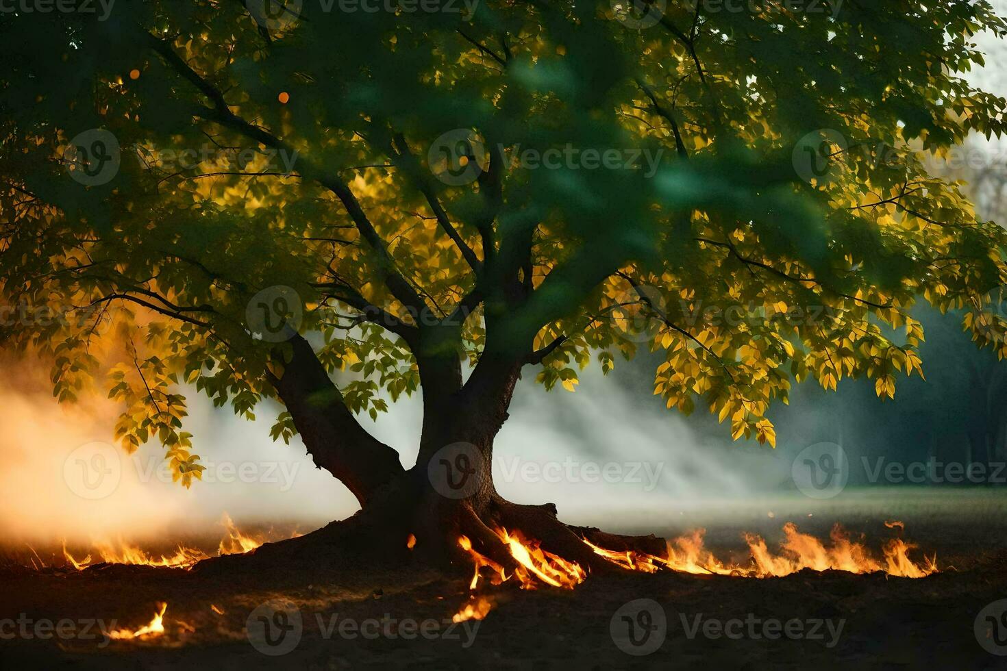a tree with flames and smoke coming from it. AI-Generated photo
