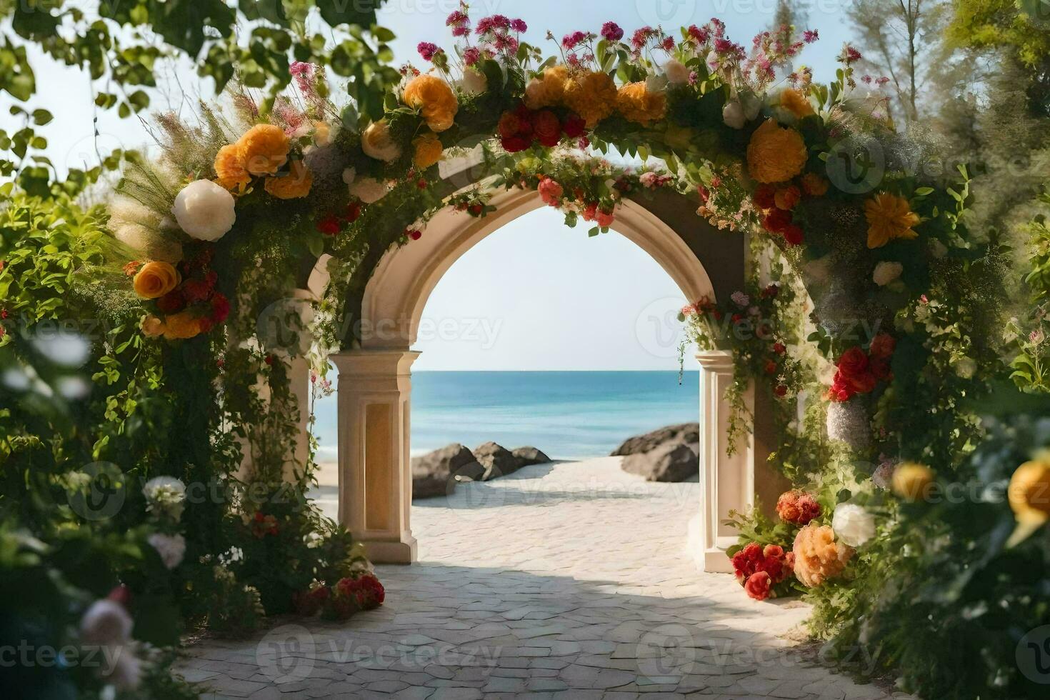 an archway with flowers on the beach. AI-Generated photo