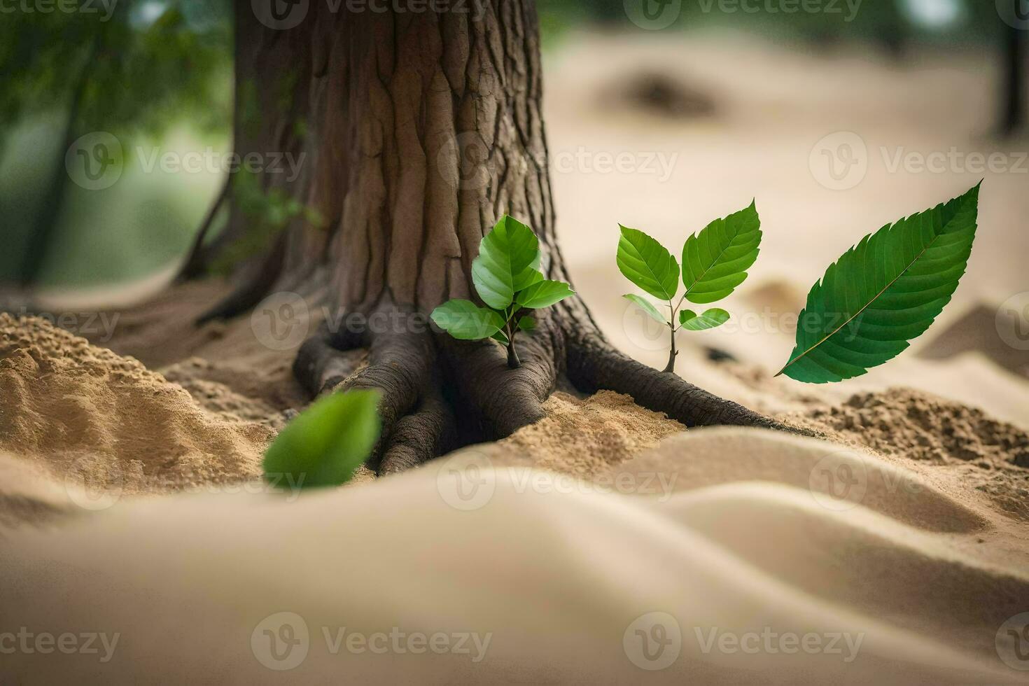 un árbol con verde hojas creciente fuera de el arena. generado por ai foto