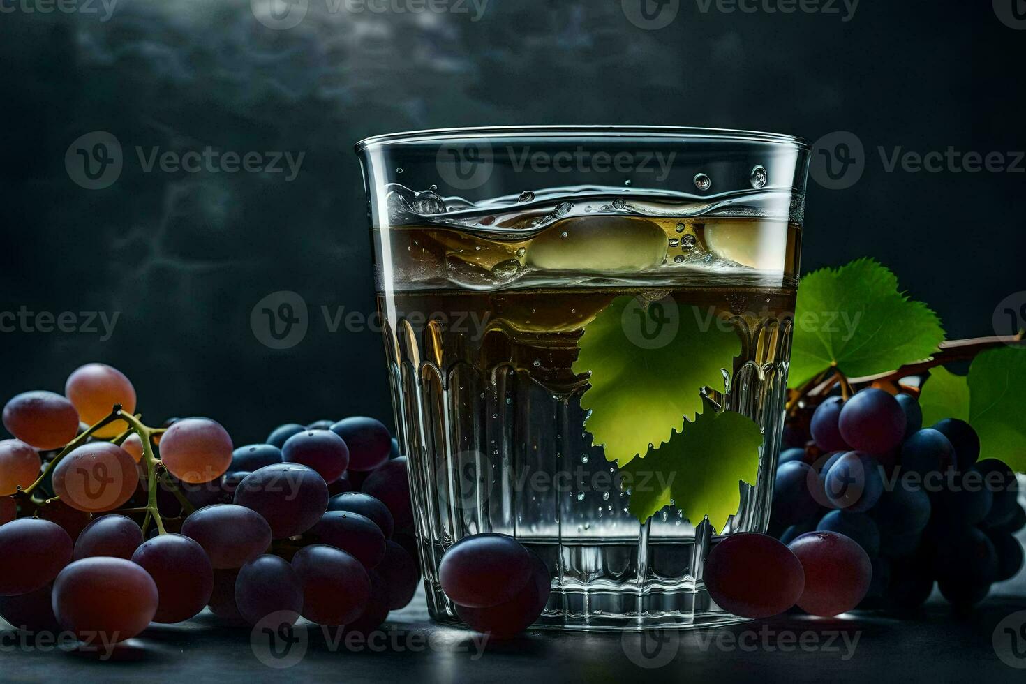 a glass of water with grapes and leaves. AI-Generated photo