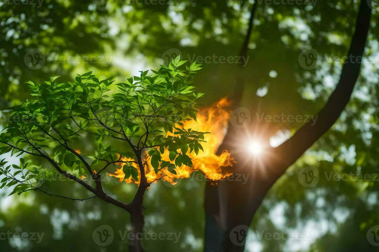 a tree with flames coming from it. AI-Generated photo