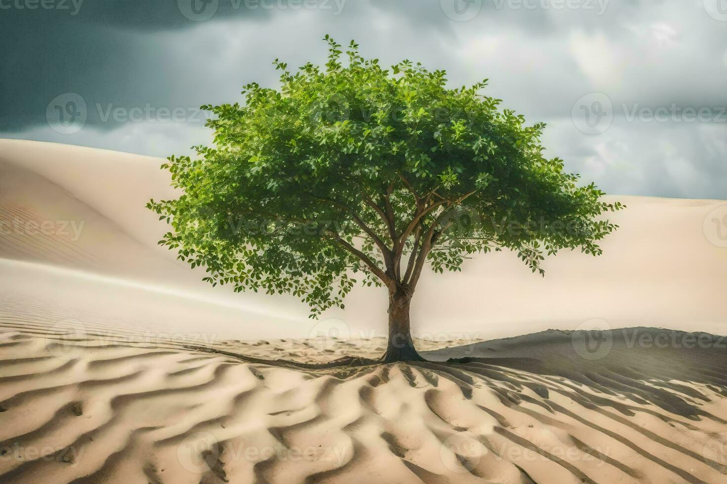 un solitario árbol en el desierto. generado por ai foto