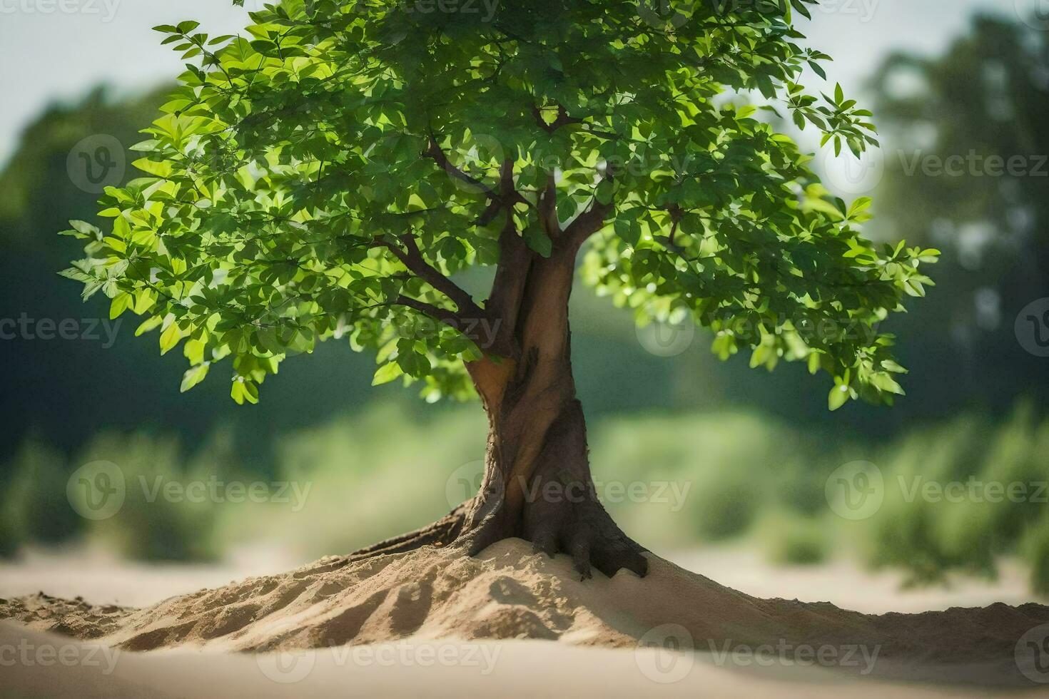 a tree is growing out of the sand in the middle of a field. AI-Generated photo