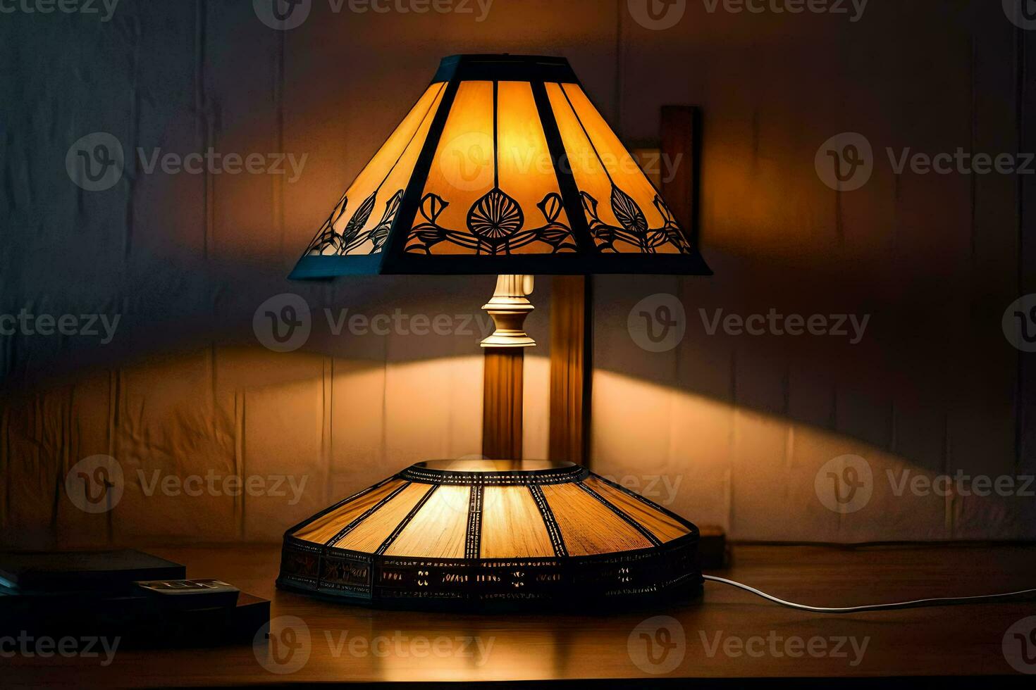 un lámpara con un manchado vaso sombra en un mesa. generado por ai foto