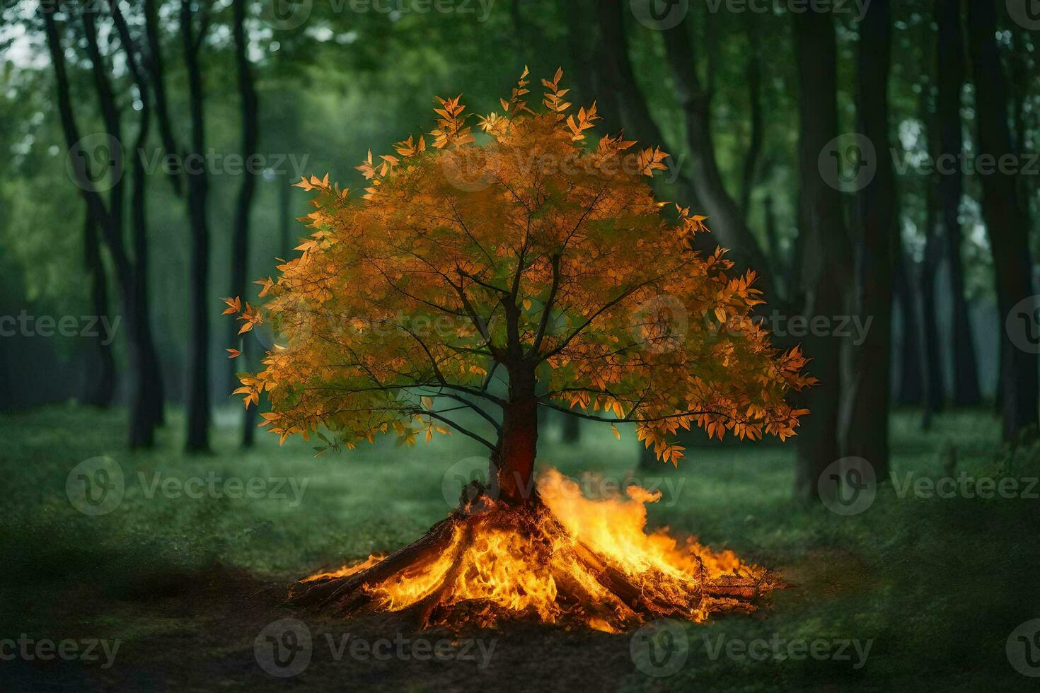 a tree with flames in the middle of the forest. AI-Generated photo