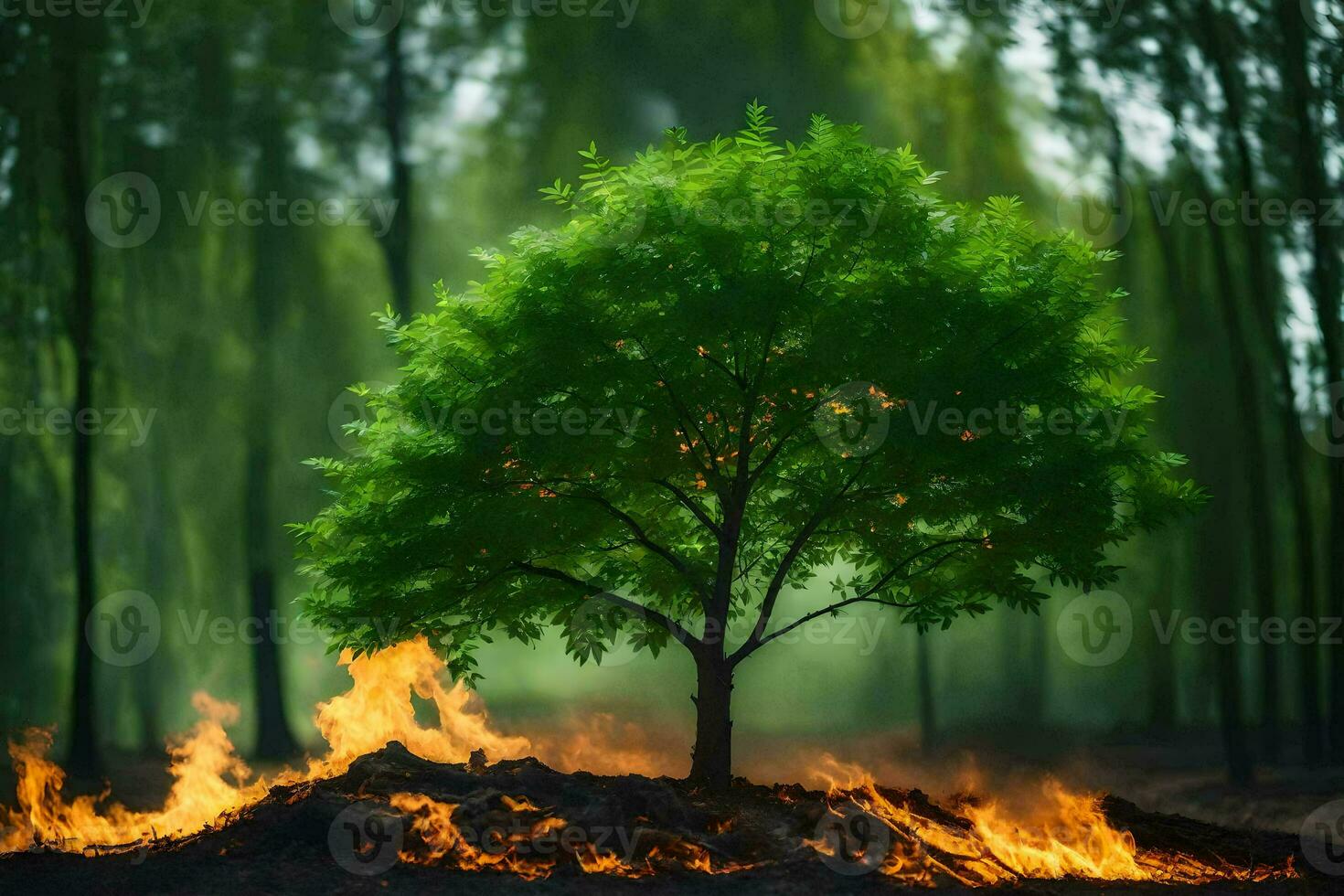 a tree is standing in the middle of a forest with flames. AI-Generated photo