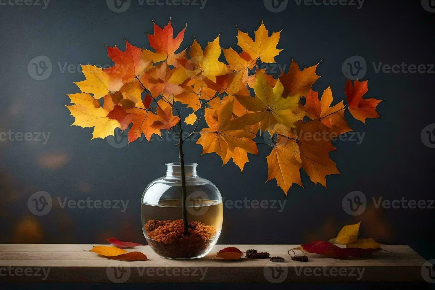 autumn leaves in a vase on a table. AI-Generated photo