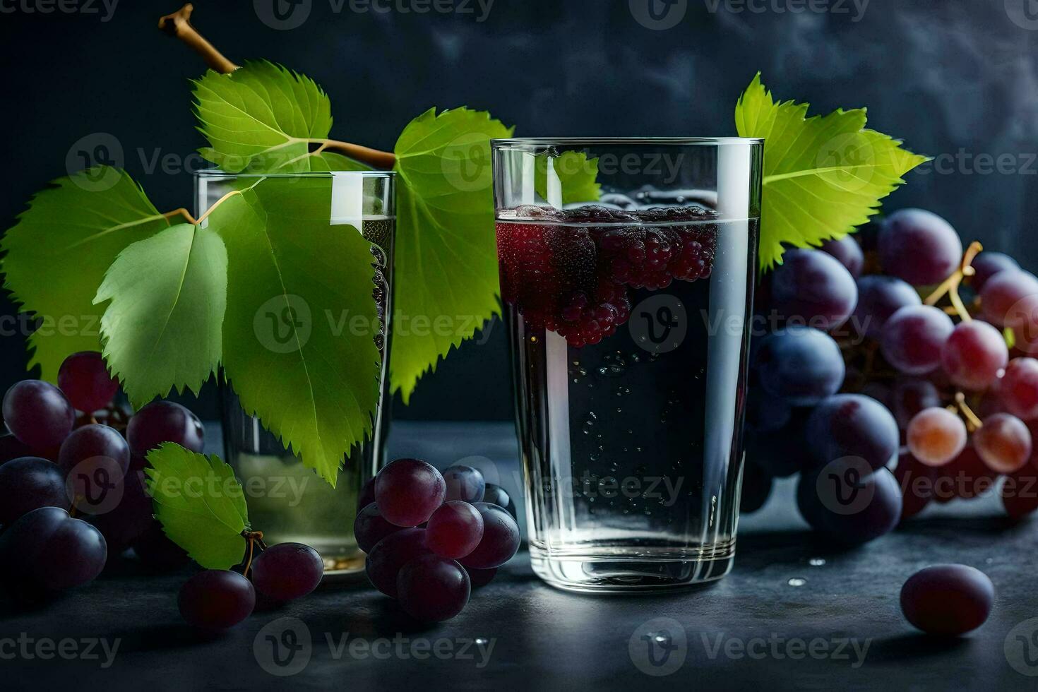 two glasses of water with grapes and leaves. AI-Generated photo