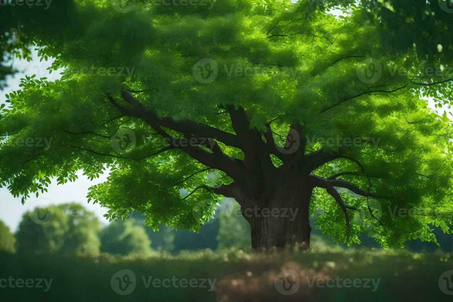 a large tree in the middle of a field. AI-Generated photo