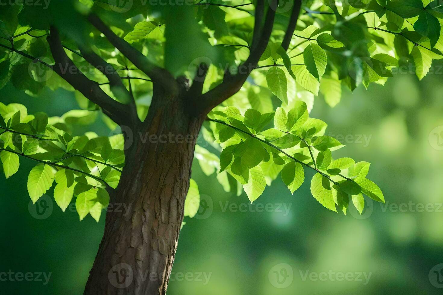 a tree with green leaves in front of a green background. AI-Generated photo