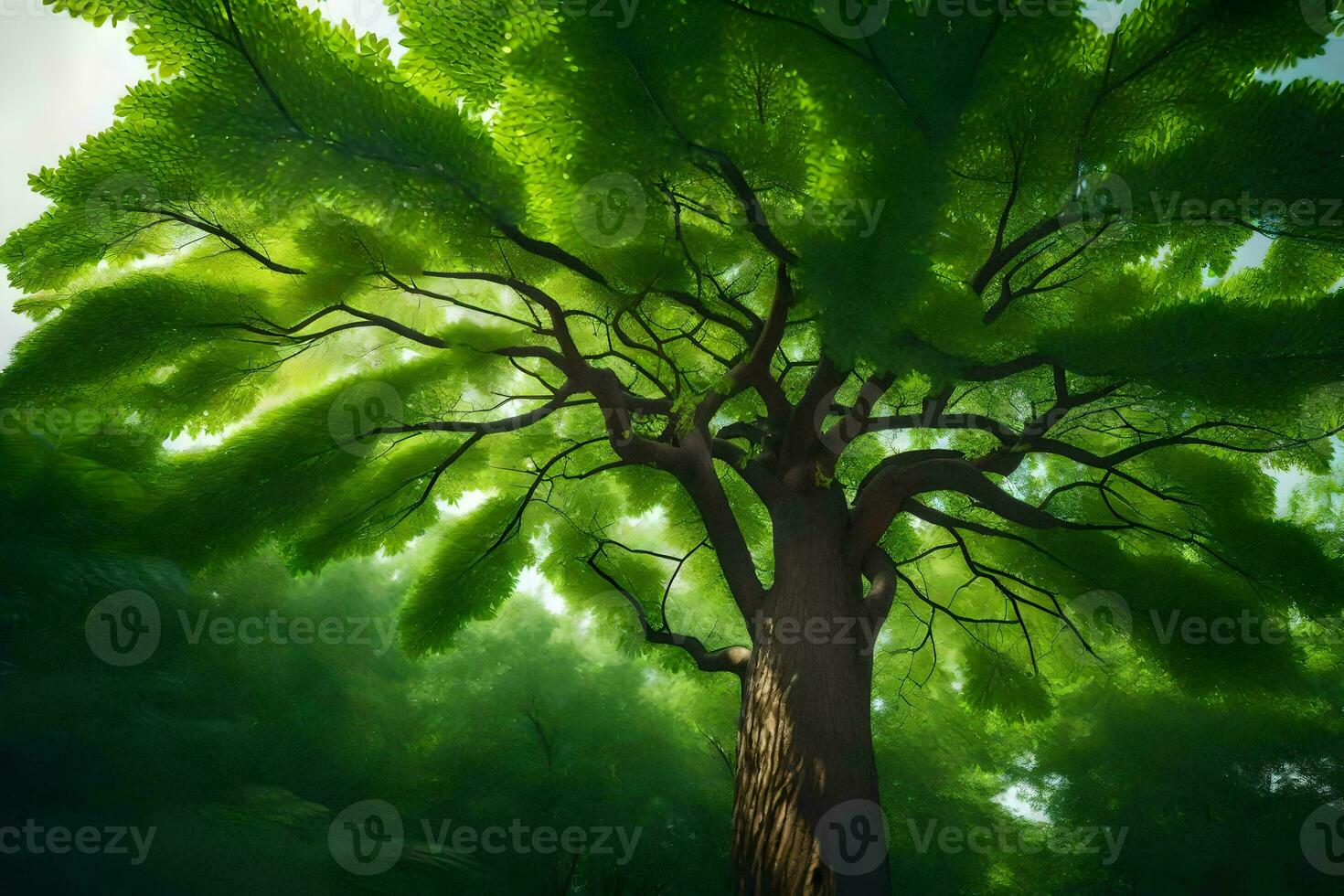 un árbol en el bosque con verde hojas. generado por ai foto