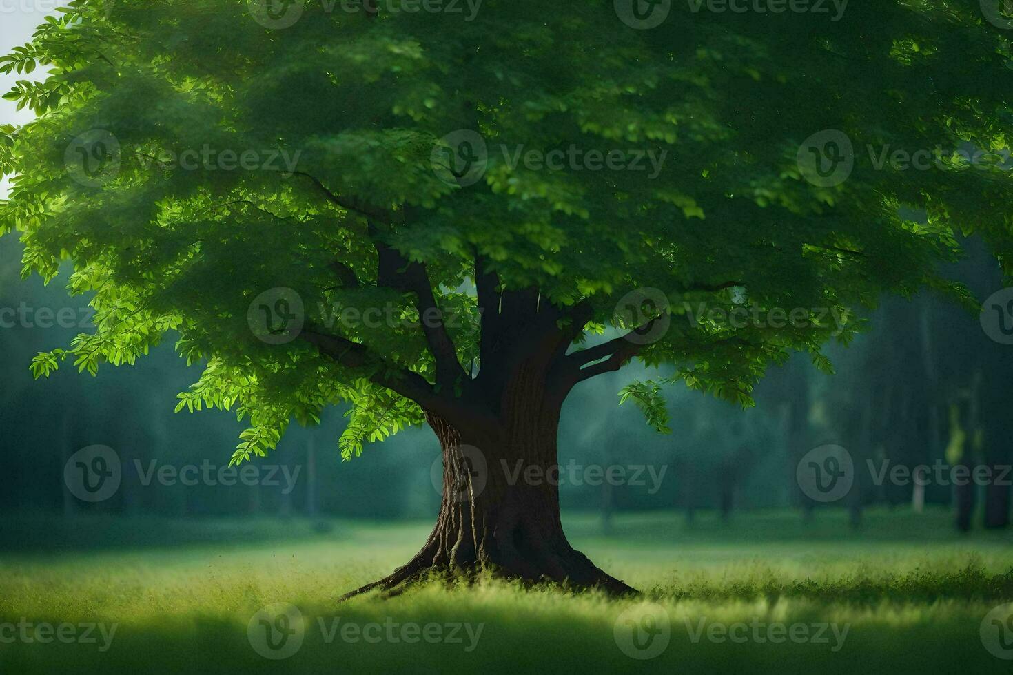 a tree in the middle of a field. AI-Generated photo