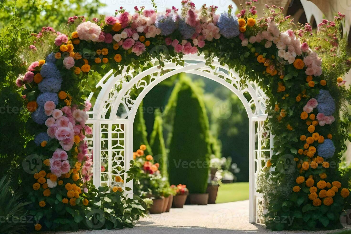 an archway with flowers and greenery. AI-Generated photo