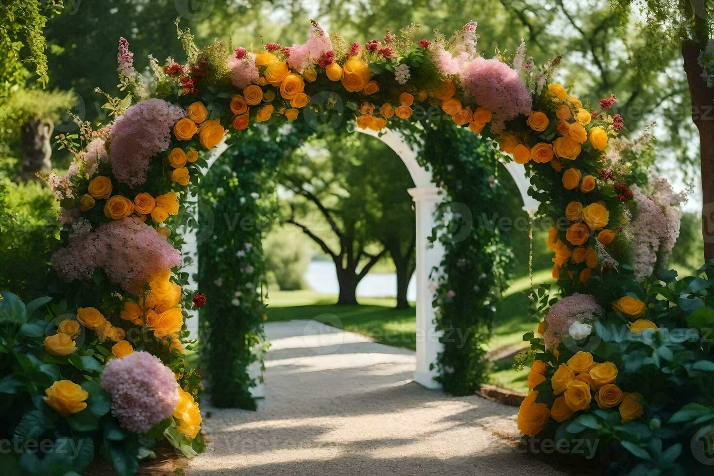 un Boda arco decorado con flores en el parque. generado por ai foto