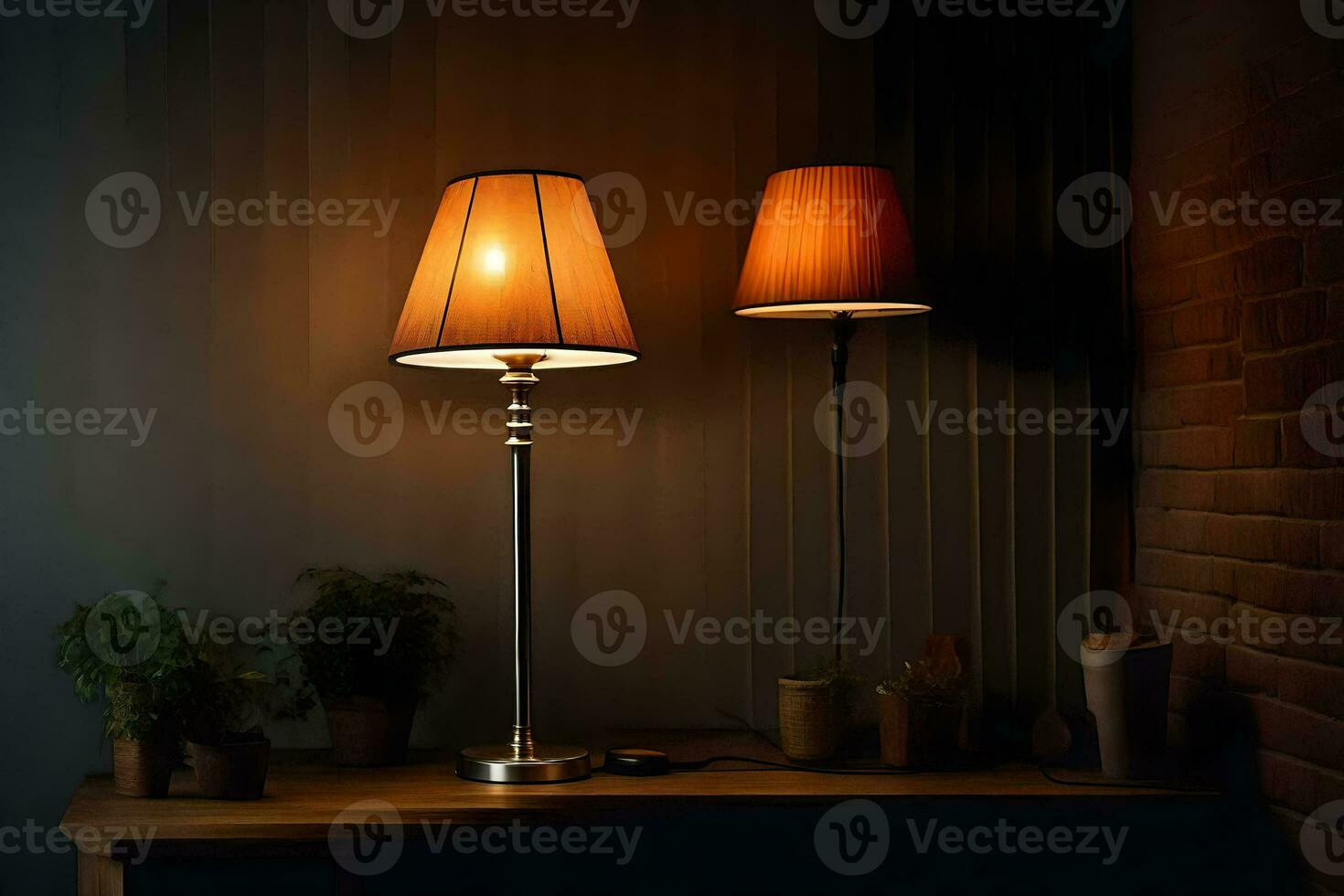 two lamps on a table in front of a brick wall. AI-Generated photo