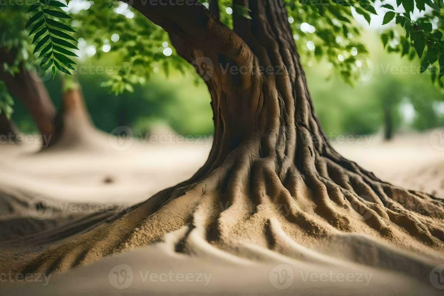 a tree with roots in the sand. AI-Generated photo