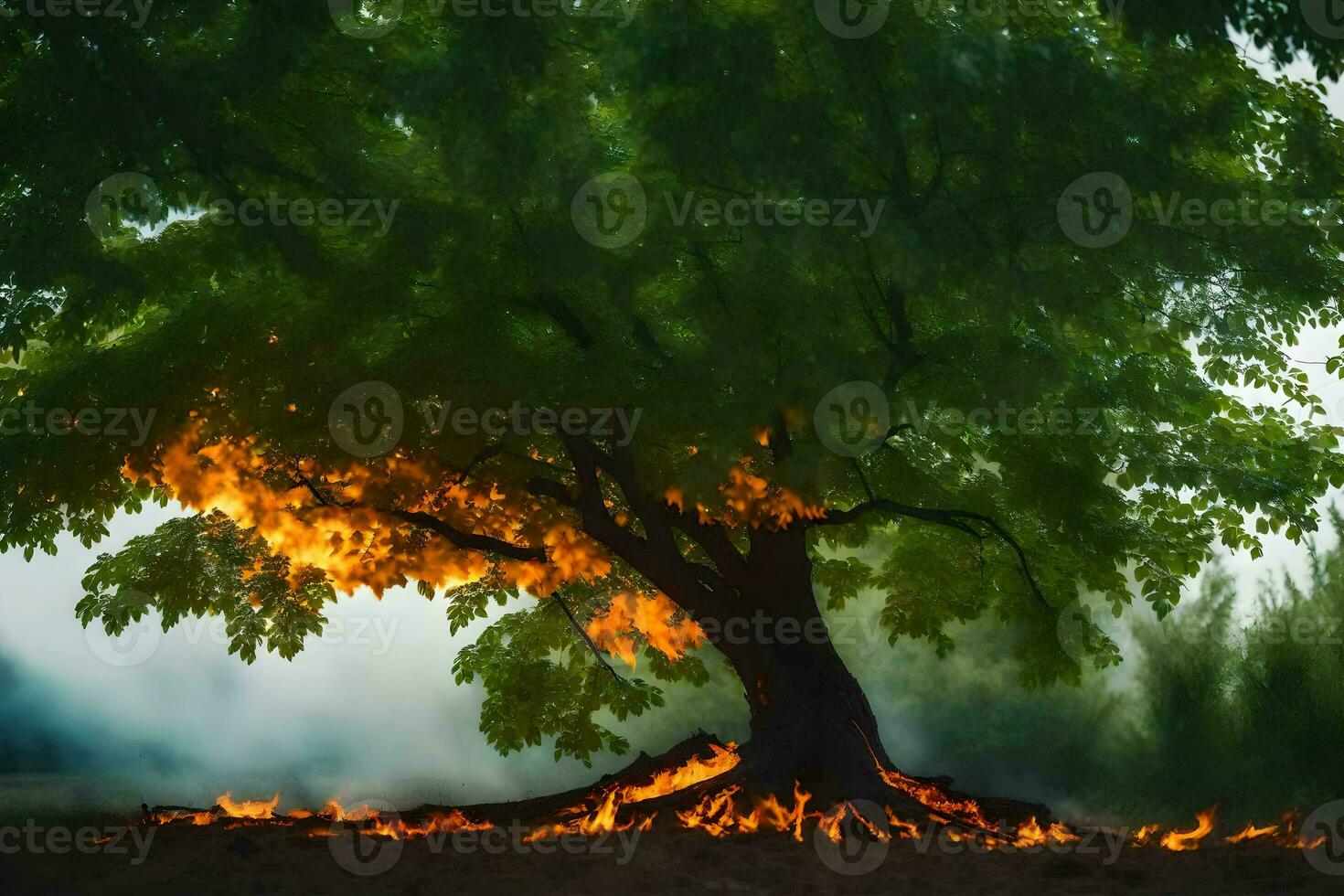 a tree with flames coming out of it. AI-Generated photo