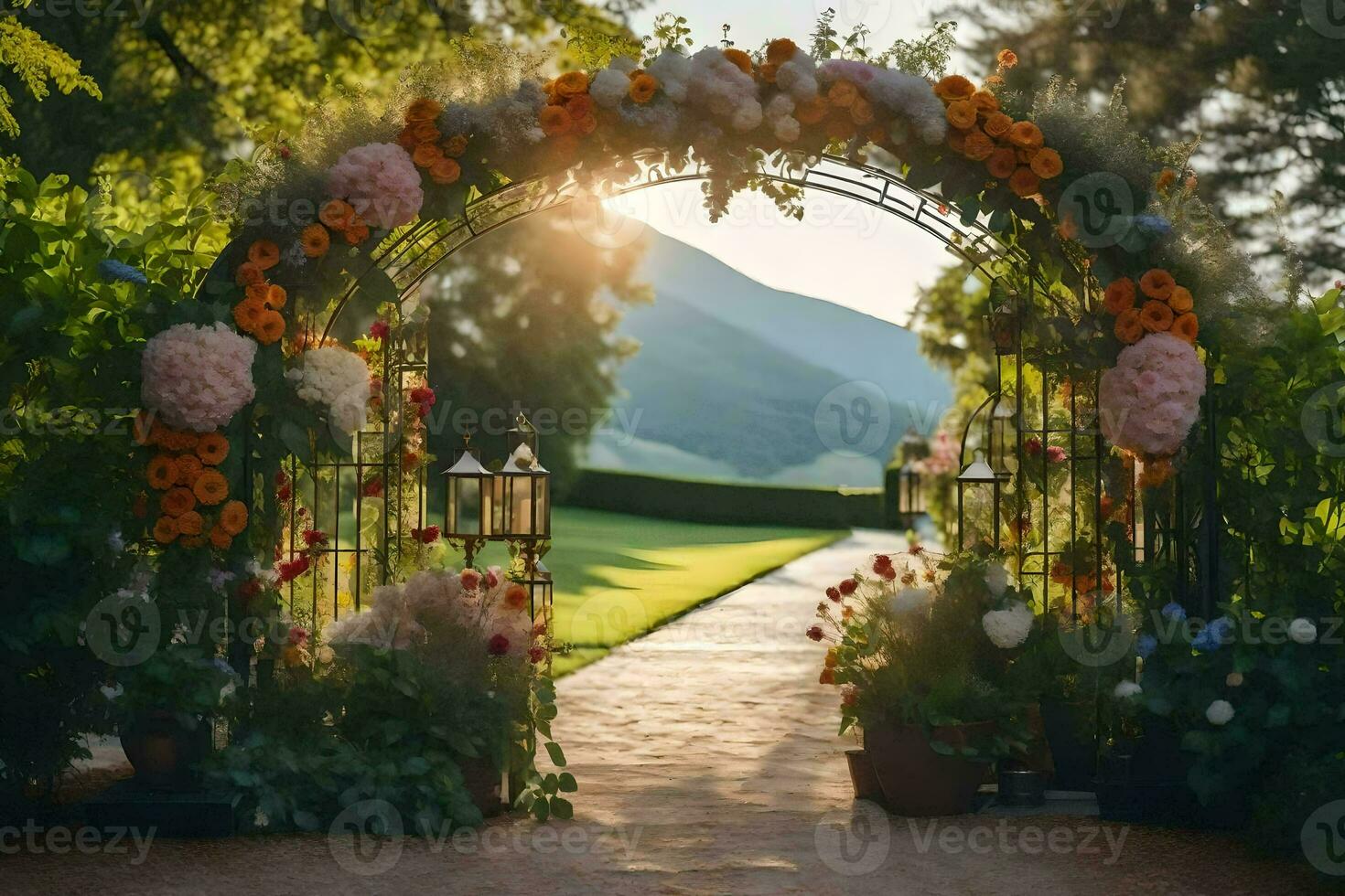 a wedding arch with flowers and greenery. AI-Generated photo