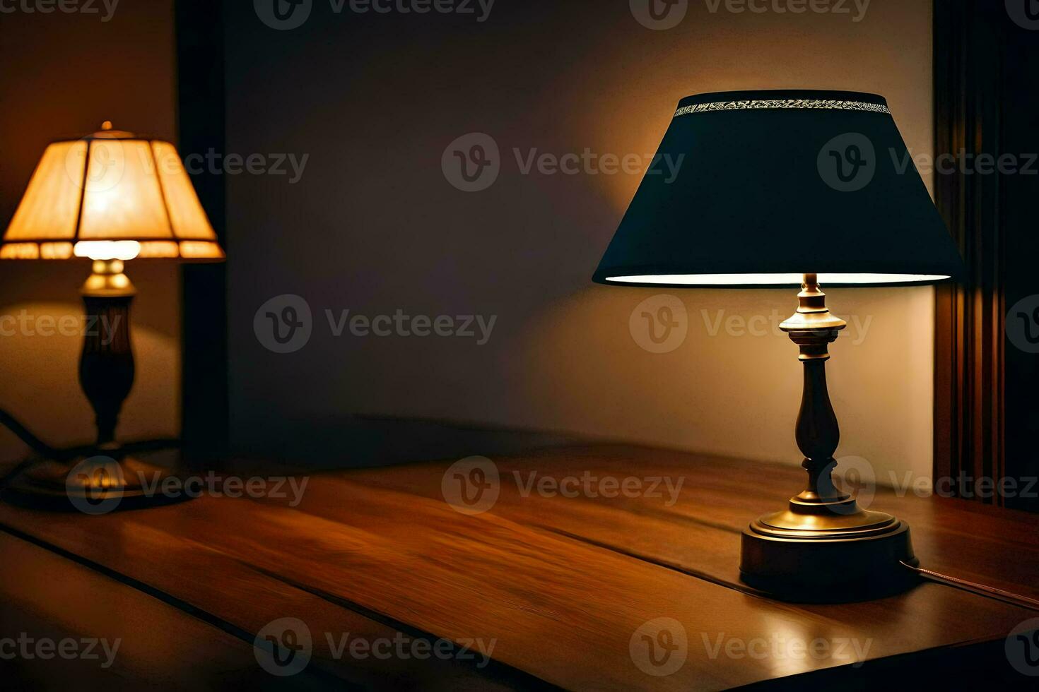 two lamps on a table in a dark room. AI-Generated photo