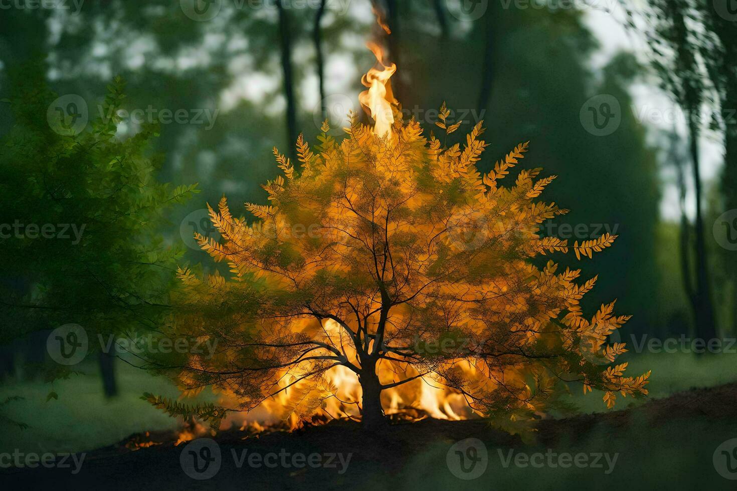 a tree with flames coming out of it in the middle of the forest. AI-Generated photo